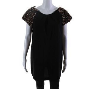 Prairie Womens Black Brown Crystal Detail Short Sleeve Blouse Top Size L